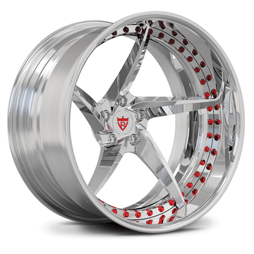 Custom forged 5 spoke deep dish wheels with chrome finish and red accents, perfect for any vehicle.